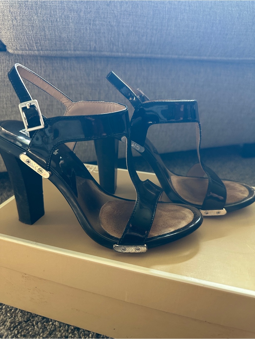 Michael Kors Black Patent T-Strap Block Heel Sandals